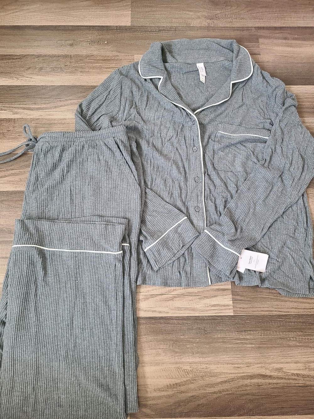 Women's Ribbed Long Sleeve Sleep Set - Gray with Contrast Piping